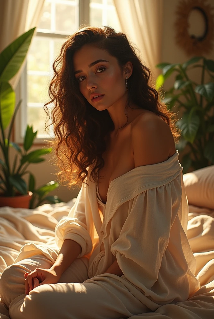 (photorealism:1.2), beautiful woman, sitting on bed, wearing loose off-shoulder top, pajama pants, long curly hair, indoors, soft lighting, plants in background, window with sunlight, cozy room, relaxed pose, realistic, intricate details, warm colors, by Greg Rutkowski, by Alphonse Mucha