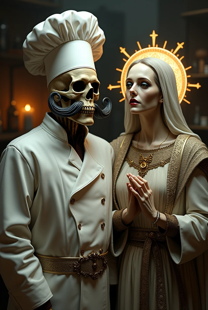 a skull chef with a big mustache along with a saint