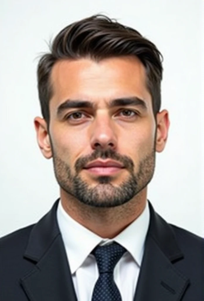 "Create a realistic passport-style photo of a man in his 30s, with dark brown hair, a normal build, and light stubble. The man should be wearing a formal suit with a tie, and the background should be plain white, adhering to passport photo requirements. His hair should be cut in a military style, using a number five clipper length—short and even on top, with slightly shorter sides. He should have a neutral expression, without smiling. The image should resemble a real photograph taken in a professional studio.