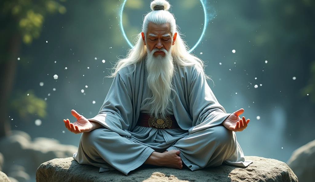 30-year-old Asian middle-aged Taoism elder sitting on stone close-up,Long white hair,Long beard,meditate with your legs crossed,Taoism, Wearing a gray robe,Magical Aura,Taoism master,Taoism,in the center,Facing the lens,Very bright color, Particles of light, The light shines, Musibu, Wallpaper Art, UHD wallpaper