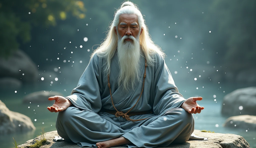 30-year-old Asian middle-aged Taoism elder sitting on stone close-up,Long white hair,Long beard,meditate with your legs crossed,Taoism, Wearing a gray robe,Magical Aura,Taoism master,Taoism,in the center,Facing the lens,Very bright color, Particles of light, The light shines, Musibu, Wallpaper Art, UHD wallpaper