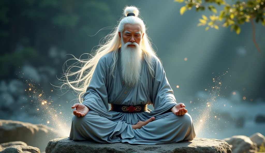 30-year-old Asian middle-aged Taoism elder sitting on stone close-up,Long white hair，Long beard，meditate with your legs crossed，Taoism, Wearing a gray robe，Magical Aura，Taoism master,Taoism，in the center，Facing the lens，Very bright color, Particles of light, The light shines, Musibu, Wallpaper Art, UHD wallpaper