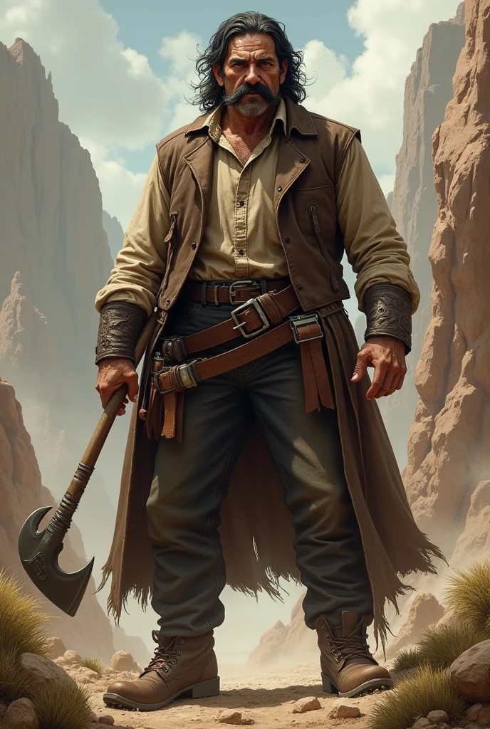 Make a grizzled prospector from the late 1800s who radiates authority and determination. His posture must be heroic and authoritative. He is approximately 40 years old with dark hair. His hardened features show rugged determination, and his piercing eyes have seen many battles. He has a bold, handlebar mustache.