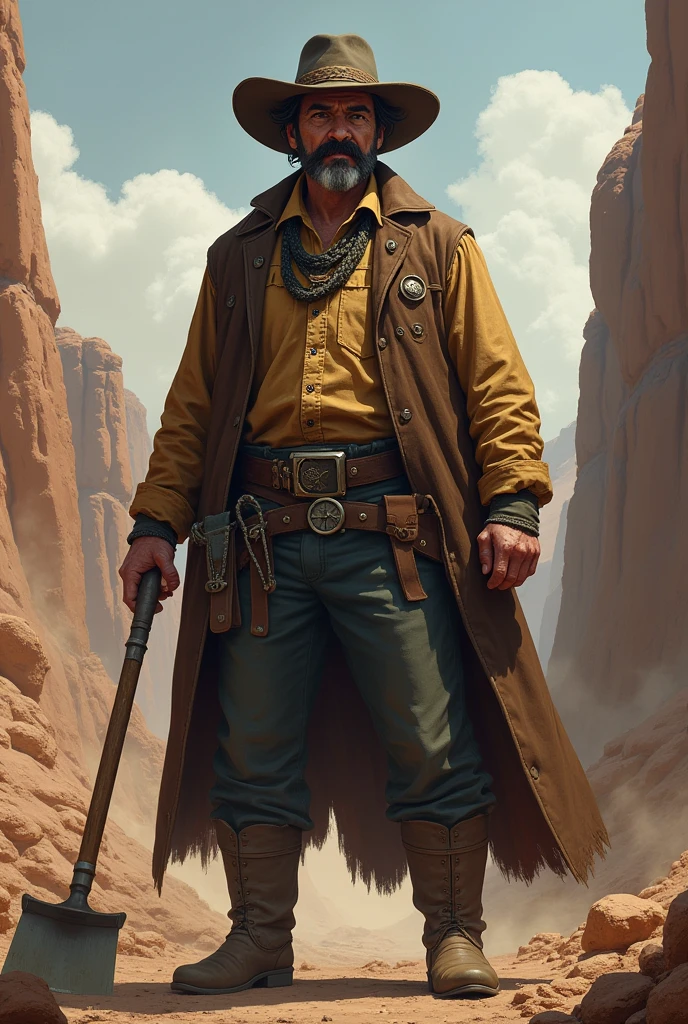 Make a grizzled prospector from the late 1800s who radiates authority and determination. His posture must be heroic and authoritative. He is approximately 40 years old with dark hair. His hardened features show rugged determination, and his piercing eyes have seen many battles. He has a bold, handlebar mustache.