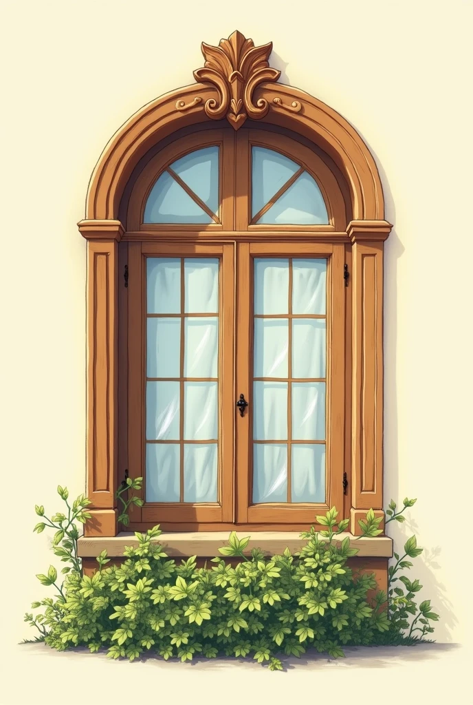 An animated basic drawing image of a French window that is elegant wood type, of 1.Plant (concerning the position) or the bottom of the window
