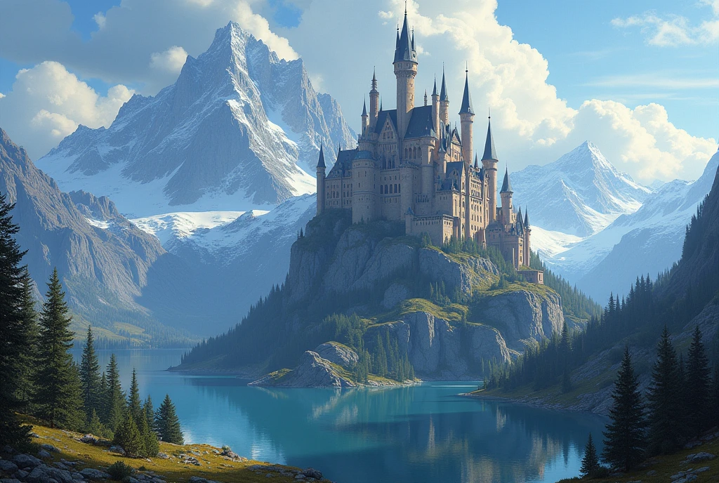 painting of a castle on a mountain overlooking a lake, inspired by Raphael Lacoste, silvain sarrailh, bussiere rutkowski andreas rocha, andreas rocha style, martin raphael lacoste, by Raphael Lacoste, style of raphael lacoste, epic castle with tall spires, illustration matte painting, detailed matte fantasy painting, high fantasy castle