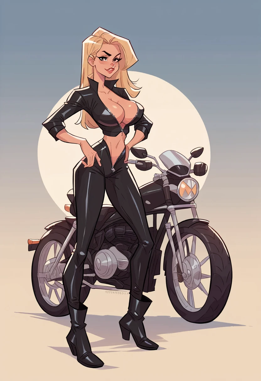 Masterpiece, best quality, Masterpiece, best quality, 1 woman, long blonde hair , Tight black leather motorcycle suit , unzipped , big breasts , abdomen , Long legs , Put your hands on your hips.. , boots , full body