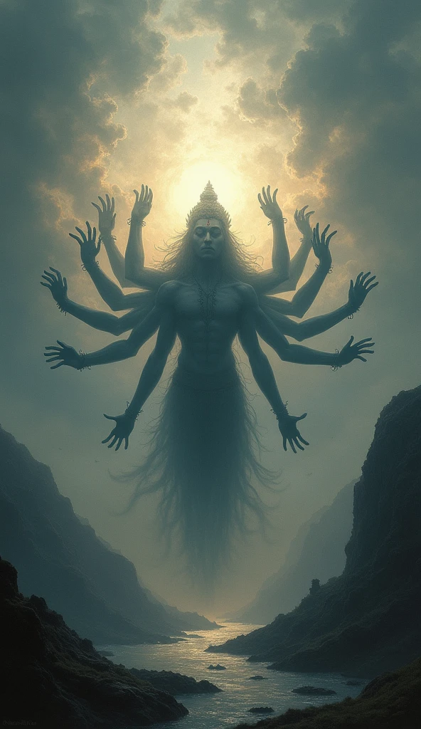 Lord Vishnu in his ultimate form with 10 arms and 10 heads with his 10 avatars..I want it to be an oil painting...I want to it be eerie and spiritual...I don't want the figure to be clear...I want a silhouette like figure but kind of clearer... Key feature= 10 heads and 10 arms