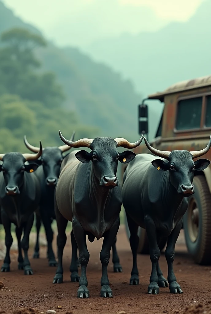 Tamilnadu Balck and gray colour big and short horn Kangayam cattle standing next to black off-road car