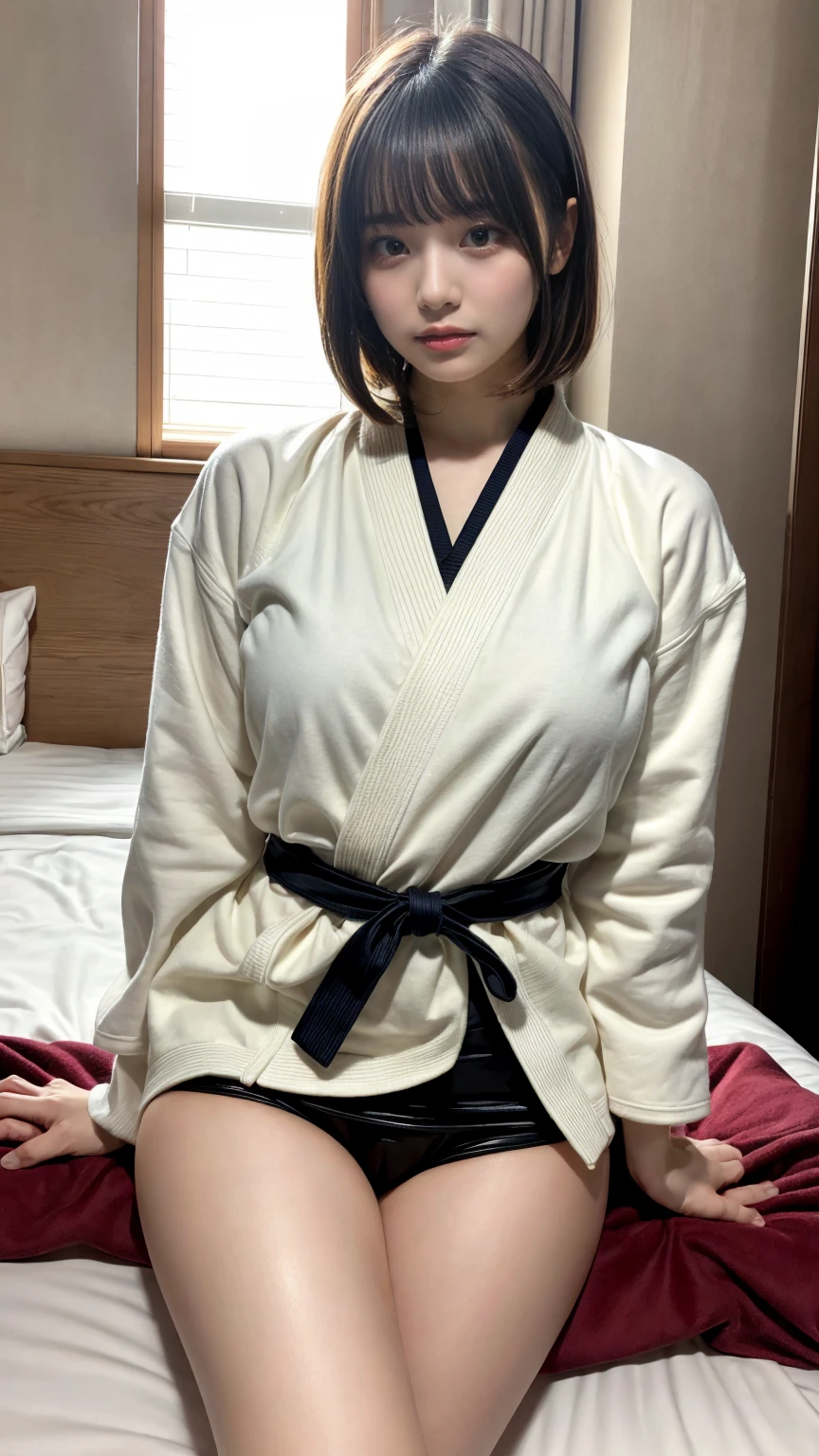 masterpiece, best quality, illustration, Super detailed, fine details, High resolution, 8K,wall paper, perfect dynamic composition,(Details High quality, realistic depiction of eyes:1.3), oversized judo uniform white, sitting, open legs, short bob hair, in a hotel room in the background, large breasts, black hair color, Big Natural Color Lip, (perfect body shape), crying a little、Harajuku style、20 year old girl、cute type、beautiful legs, Gravure Idol