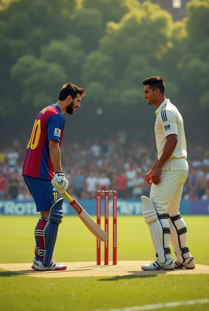 Messi playing cricket, ronaldo balling