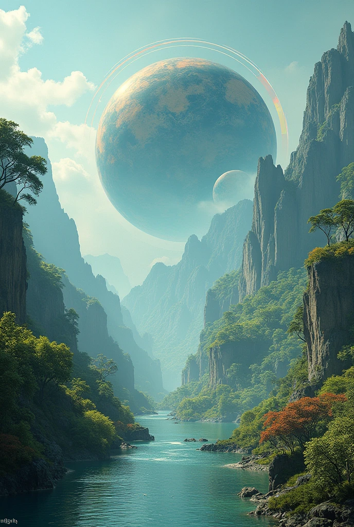 Futuristic symbols inspired by nature, such as planets with natural scenery or technological waves in the background of mountains.