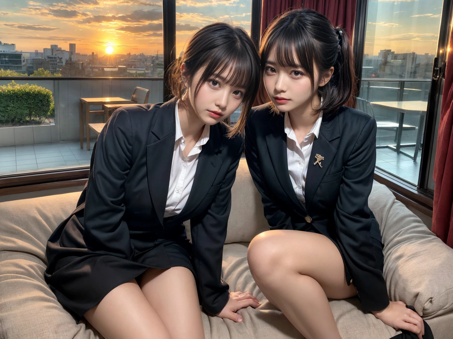masterpiece, best quality, illustration, Super detailed, fine details, High resolution, 8K,wall paper, perfect dynamic composition,(Details High quality, realistic depiction of eyes:1.3), (2 girls), short hair, Office Lady, ,Suit,Collared shirt, Black Suit,Black jacket, updo, huge breasts, black hair color, Big Natural Color Lip, bold sexy pose, crying a little、cold gaze, Harajuku style、20 year old girl、cute type、lolita、beautiful legs, hotel room, full body photo、focus on crotch, hposing Gravure Idol, Sexy shot looking at camera, Sunset, by the window, Summer, make up, Curve
