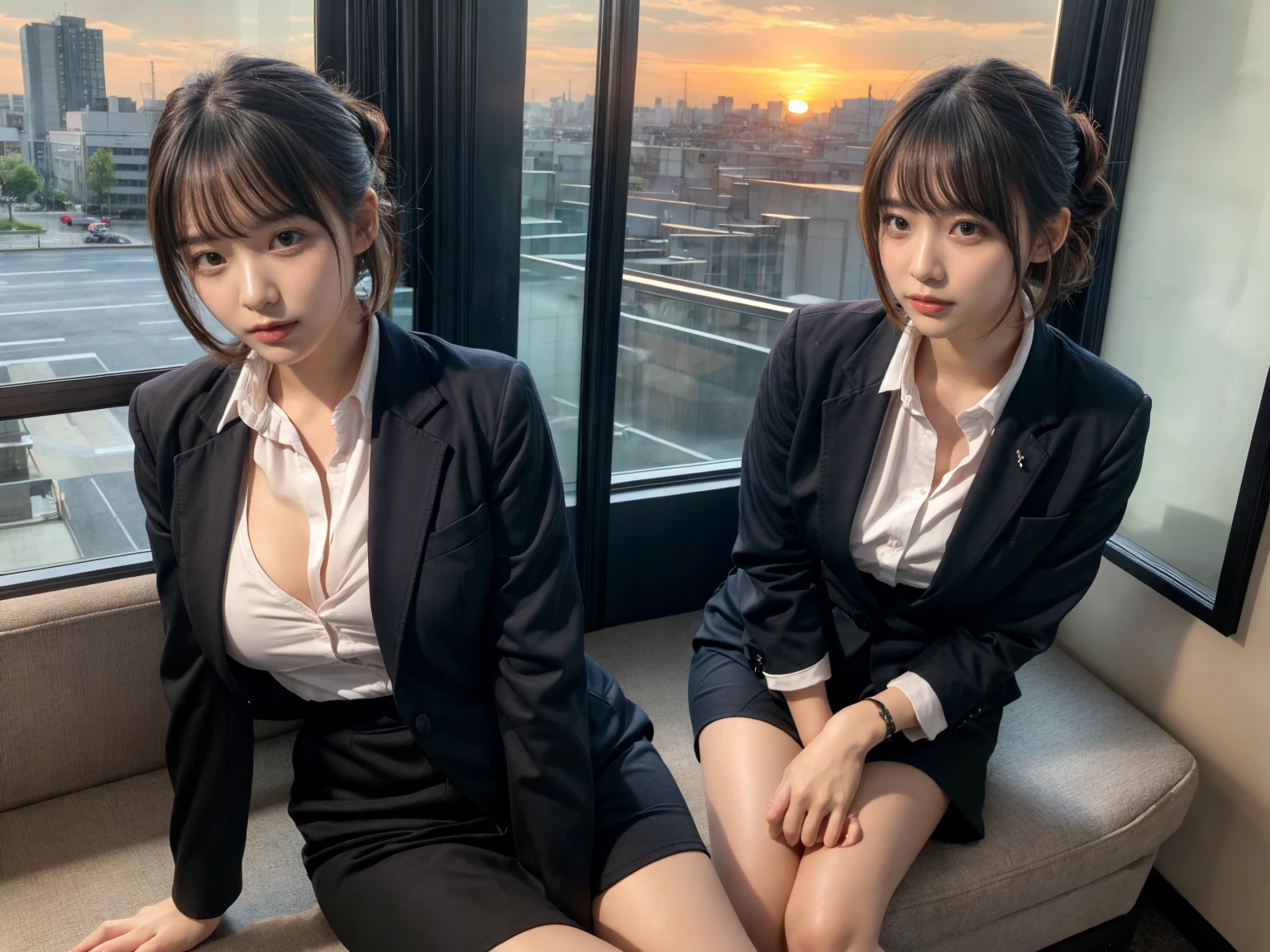 masterpiece, best quality, illustration, Super detailed, fine details, High resolution, 8K,wall paper, perfect dynamic composition,(Details High quality, realistic depiction of eyes:1.3), (2 girls), short hair, Office Lady, ,Suit,Collared shirt, Black Suit,Black jacket, updo, huge breasts, black hair color, Big Natural Color Lip, bold sexy pose, crying a little、cold gaze, Harajuku style、20 year old girl、cute type、lolita、beautiful legs, hotel room, full body photo、focus on crotch, hposing Gravure Idol, Sexy shot looking at camera, Sunset, by the window, Summer, make up, Curve