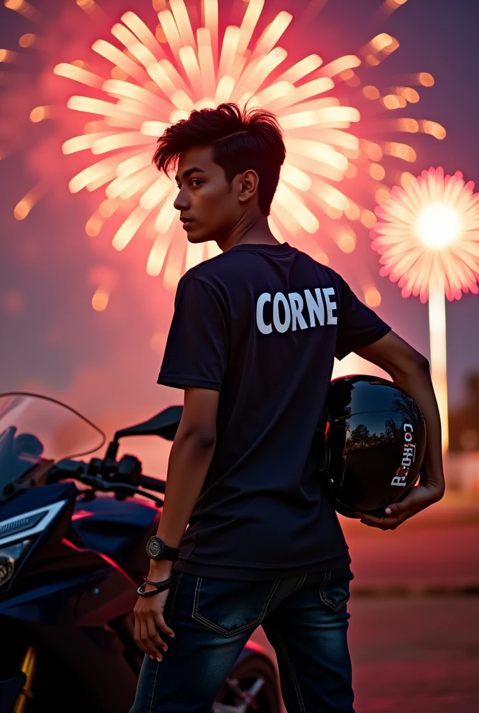 Hi Leonardo, I want you to generate an image, a teenager who is with a sports bike. The background of the image must be fireworks, The teenager must be wearing a t-shirt with the name CORNE on the back., In his right hand he must carry a certified helmet.
The image must be like a WhatsApp profile.
The image should be a little further away, not so close 