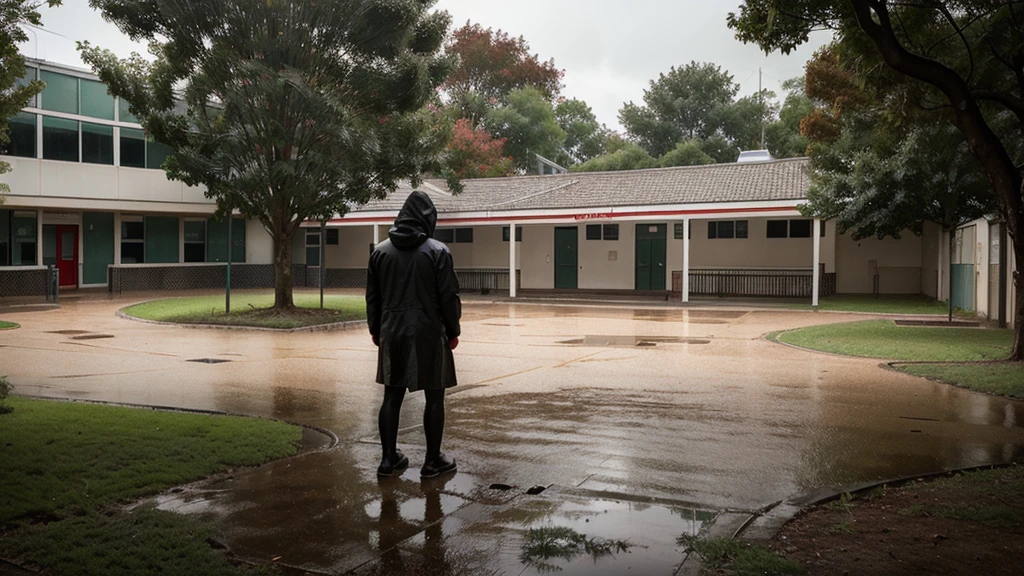 The outline of a figure retreating into the shadows outside the school building. The rain has intensified, and the school grounds look deserted and eerie. Blurry and in red and white.
