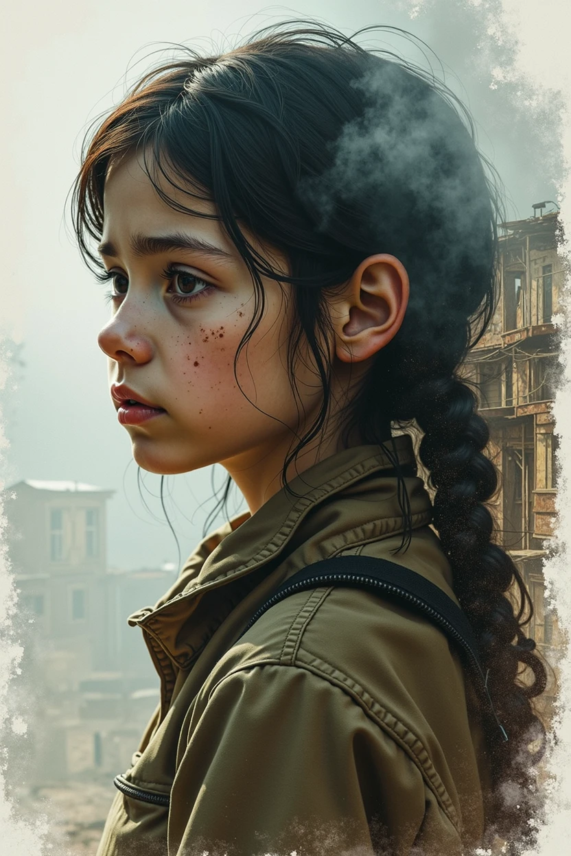 Highly detailed oil painting of a desolate and weary girl with worn out facial features, in the style of Bill Carman, Richard Burlet, Brian M. Viveros, Cyril Rolando, featuring double exposure with an old and poor town, dehazed, sharp focus, HDR, highly detailed texture and patterns, alcohol ink splatters, luminism, faded and muted triadic colors, perfect curved line composition, divine proportions, cinematic, 32k, volumetric lighting, shadow and light, watercolor, trending on artstation, sharp focus, studio photo, intricate details, highly detailed, by Greg Rutkowski