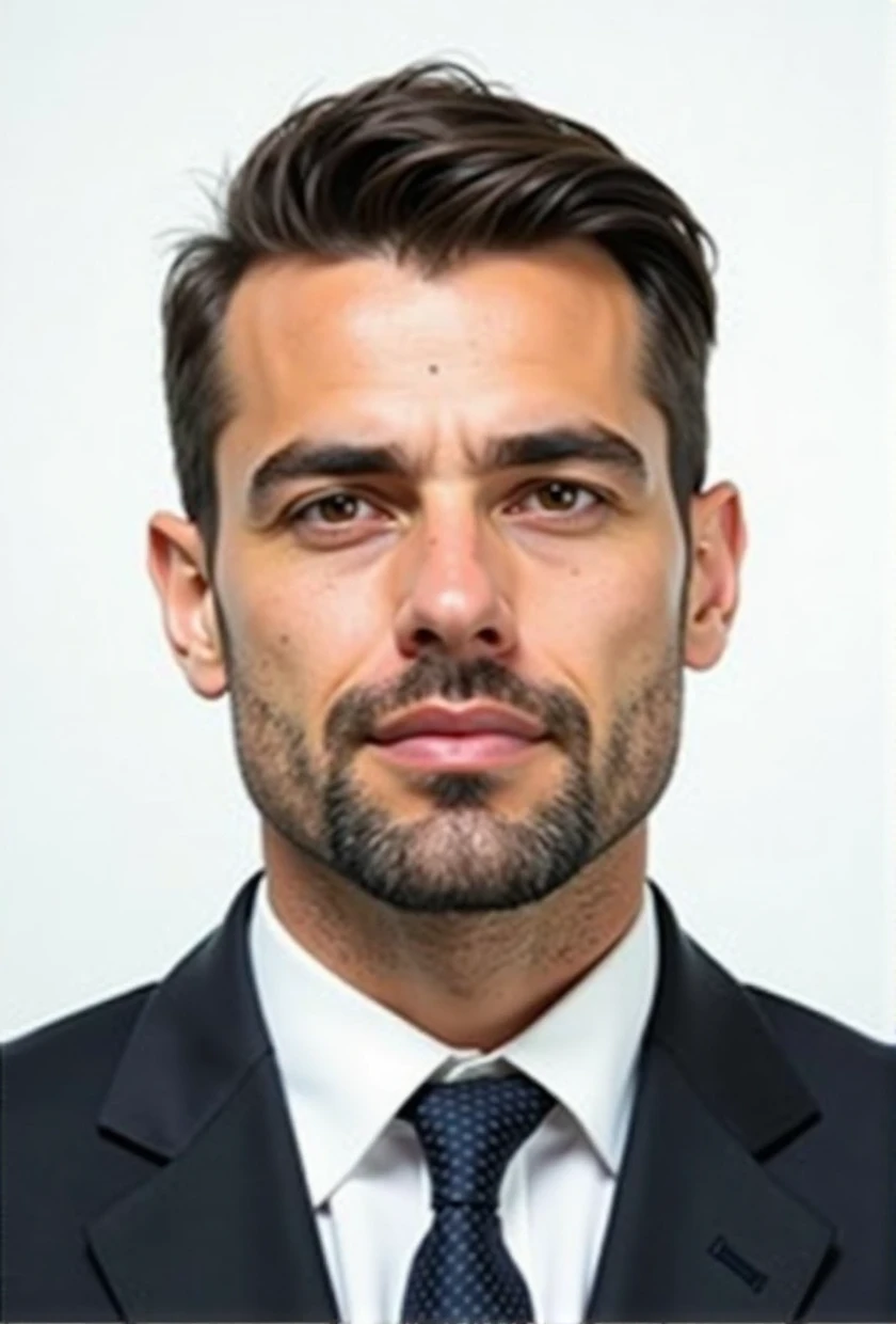 "Create a realistic passport-style photo of a man in his 30s, with dark brown hair, a normal build, and light stubble. The man should be wearing a formal suit with a tie, and the background should be plain white, adhering to passport photo requirements. His hair should be cut in a military style, using a number five clipper length—short and even on top, with slightly shorter sides. He should have a neutral expression, without smiling. The image should resemble a real photograph taken in a professional studio.