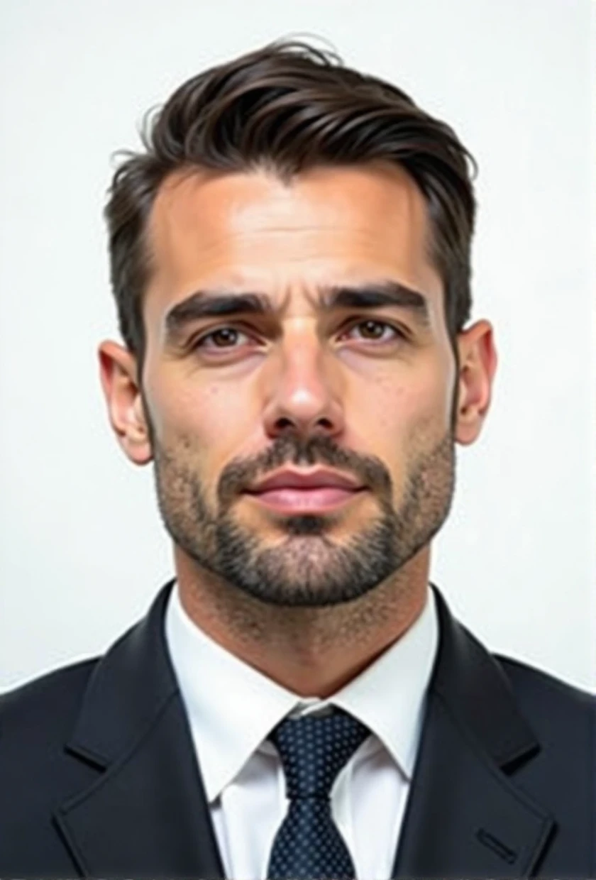 "Create a realistic passport-style photo of a man in his 30s, with dark brown hair, a normal build, and light stubble. The man should be wearing a formal suit with a tie, and the background should be plain white, adhering to passport photo requirements. His hair should be cut in a military style, using a number five clipper length—short and even on top, with slightly shorter sides. He should have a neutral expression, without smiling. The image should resemble a real photograph taken in a professional studio.