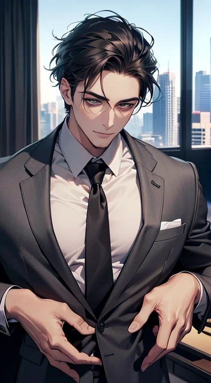 (Highest quality,4K,8K,High resolution,masterpiece:1.2),Super detailed,(Realistic,photoRealistic,photo-Realistic:1.37),1 person,35 years old,Mature Men,Beautiful skin、very handsome,Expressionless,Short gray Black hair,green eyes,Sharp Eyes, CEO in his office, huge with classic and modern architecture looking at his prey with a mischievous smile. A perfect face without a doubt,Businessman, CEO, Office Background,Cinema Lighting,HDR image,tie、