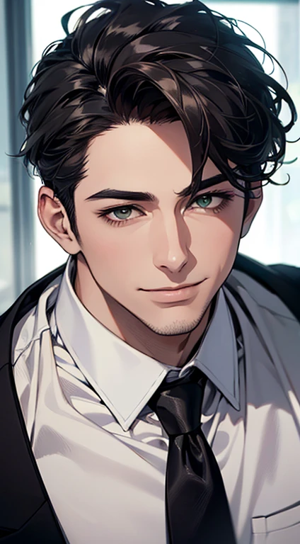 (Highest quality,4K,8K,High resolution,masterpiece:1.2),Super detailed,(Realistic,photoRealistic,photo-Realistic:1.37),1 person,35 years old,Mature Men,Beautiful skin、very handsome,Expressionless,Short gray Black hair,green eyes,Sharp Eyes, CEO in his office, huge with classic and modern architecture looking at his prey with a mischievous smile. A perfect face without a doubt,Businessman, CEO, Office Background,Cinema Lighting,HDR image,tie、