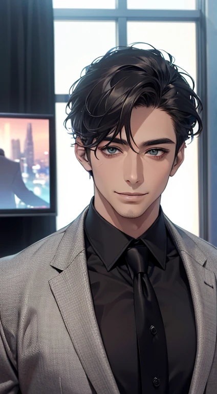 (Highest quality,4K,8K,High resolution,masterpiece:1.2),Super detailed,(Realistic,photoRealistic,photo-Realistic:1.37),1 person,35 years old,Mature Men,Beautiful skin、very handsome,Expressionless,Short gray Black hair,green eyes,Sharp Eyes, CEO in his office, huge with classic and modern architecture looking at his prey with a mischievous smile. A perfect face without a doubt,Businessman, CEO, Office Background,Cinema Lighting,HDR image,tie、