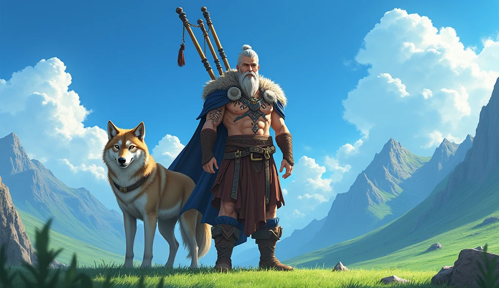 the best quality, very high resolution, detailed 4K CG anime style, Masterpiece artwork, augur, Nordic Deuses, handsome man holding bagpipes plus a wolf, rune tattoos, viking, Celtic mountains, blue sky, Norse mythology, viking rune tattoo, beautiful aesthetic, Beautiful picture, There are beautiful mountains with green grass in the back
