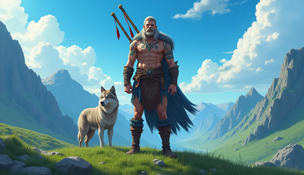 the best quality, very high resolution, detailed 4K CG anime style, Masterpiece artwork, augur, Nordic Deuses, handsome man holding bagpipes plus a wolf, rune tattoos, viking, Celtic mountains, blue sky, Norse mythology, viking rune tattoo, beautiful aesthetic, Beautiful picture, There are beautiful mountains with green grass in the back
