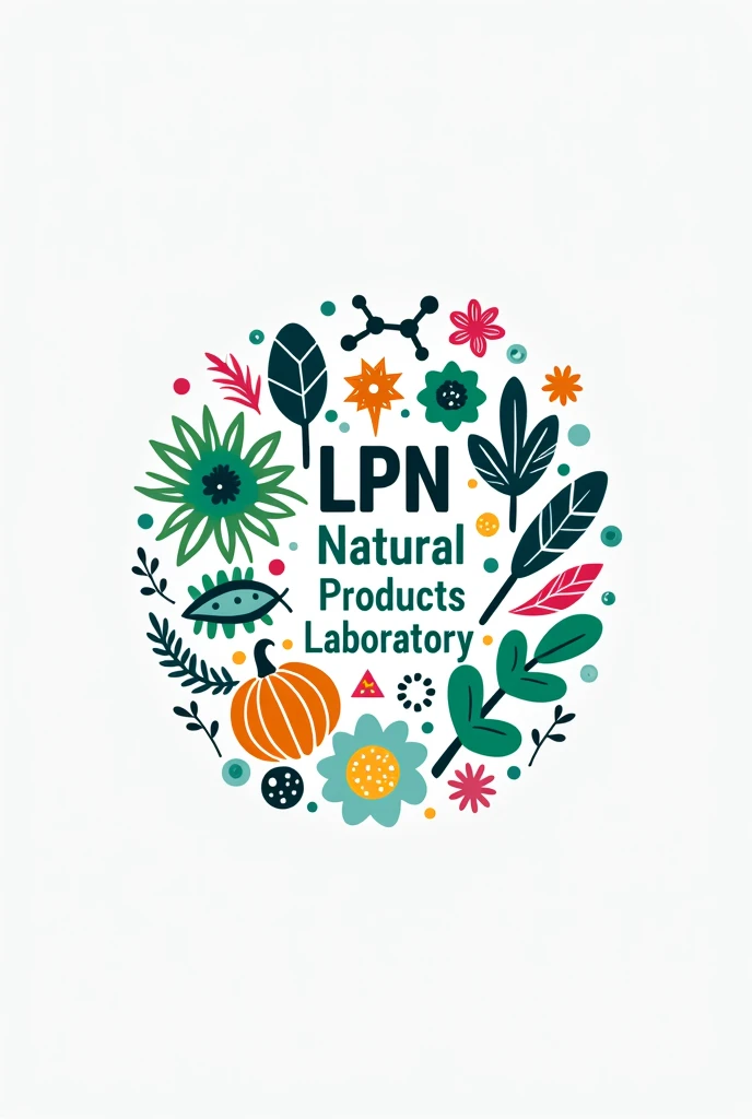 Logo of the Natural Products and Organic Synthesis Laboratory, that has plants from Chile, Marine organisms, microorganisms, organic molecules in 3D, Let the word LPN natural products laboratory come out