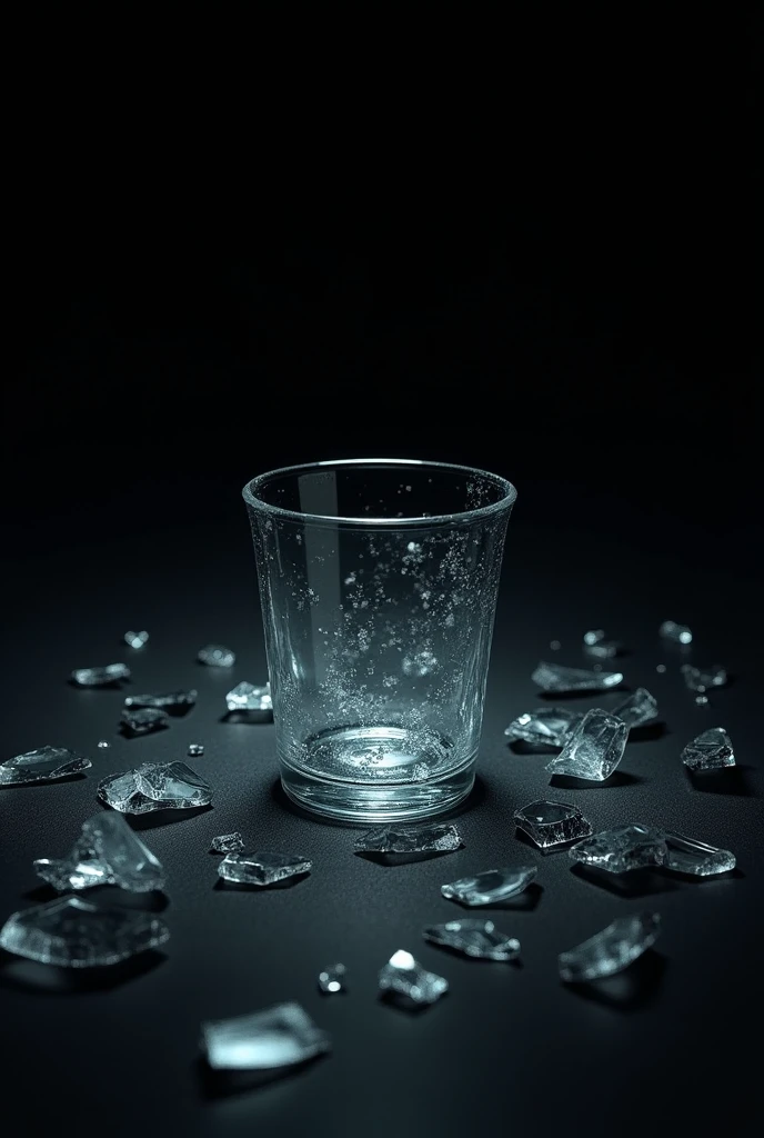 A glass cup broken into several pieces in a completely dark environment where only the shards can be seen