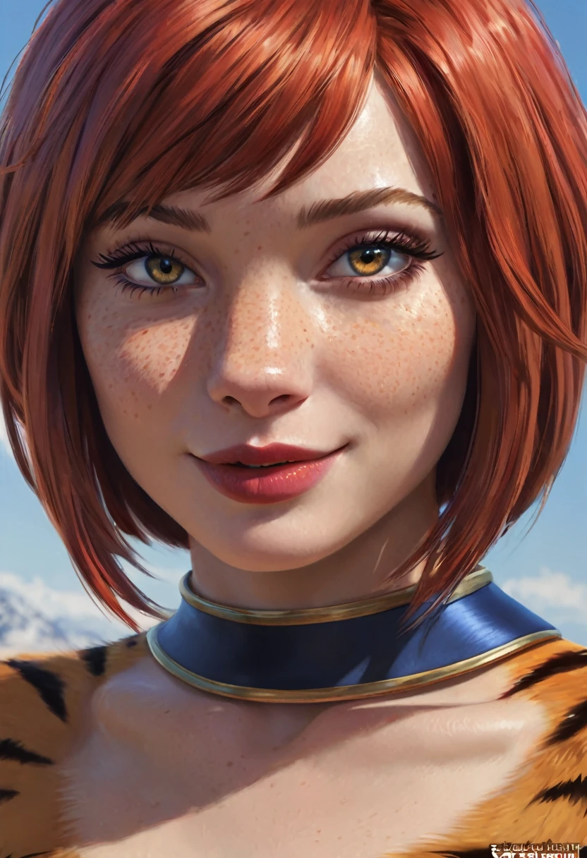 An stunning girl, beats girl, tiger girl, smile, stand alone, digital painting, digital illustration, extreme detail, digital art, 4k, ultra hd, Anna Dittmann, hyperrealism, trending on artstation, polished, radiant, photorealistic, matte painting, hyperrealism, unreal engine, 3dsmax, trending on artstation, unity 3d, Fantasy girl, realistic fur, realistic pattern, ginger, bob haircut, asymmetrical hair, glossy red lipstick, perfect eyelashes, perfect body, perfect makeup eyes, light freckles,slit pupils
