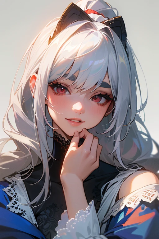 cute, ultra-detailed, figure, Complex, detailed, extremely detailed, detailed face, Soft Lighting, Soft Light, Soft Focus, Perfect Face, beautiful, Accurate anatomy, Exposure, 8K, 4K, (High resolution:1.1), Highest quality, (masterpiece:1.3), One girl, alone, jewelry, Brown eyes, View your viewers, Earrings, Grey Hair, bangs, choker, Mouth closed, Portraiture, clock, hair ornaments, Simple Background, Gray background, Long Hair, Headrest, lips, hair bow, black choker, bow, eyelash