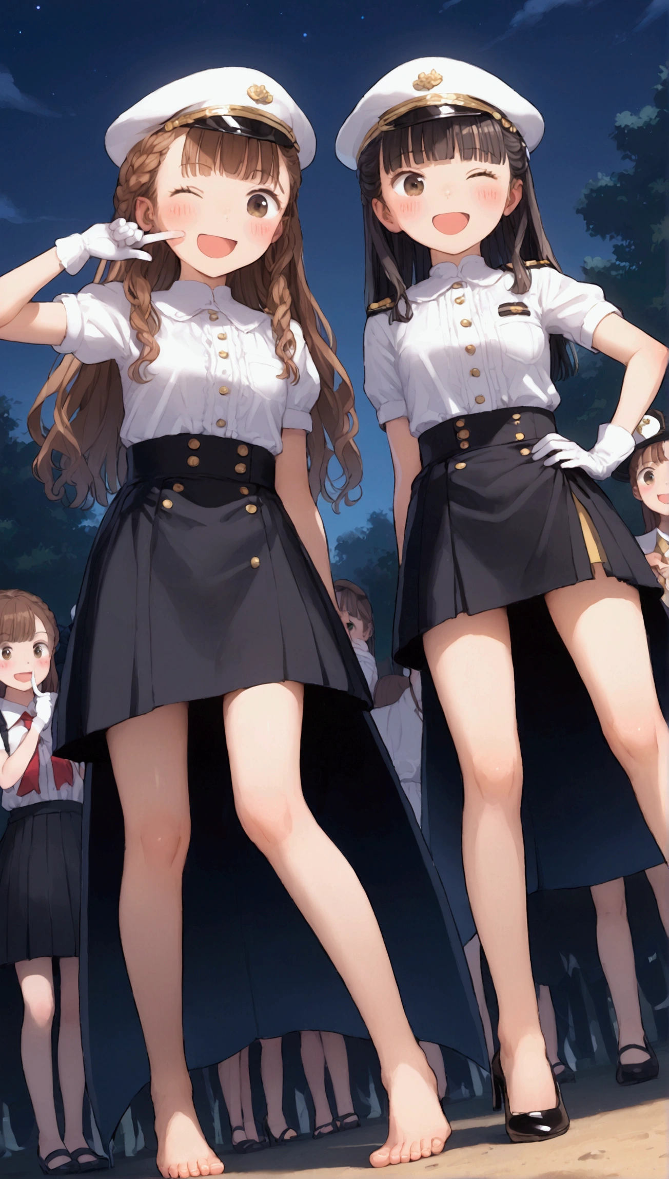 {Highest quality}, {Super beautiful},{Ultra fine},{Best illustration},Brown Hair,Hime cut,long hair,Braid,One woman,Standing Woman,Strike a pose,Adult women,smile,Excited face,Wink,Uniform cap,White Shirt,Short sleeve,long black skirt,White gloves,Night Festival,Blushing,Slender,Black stiletto heels,barefoot,From an angle,From below,Put one hand on your hip,Woman with closed legs,Putting a finger to one's mouth with one hand