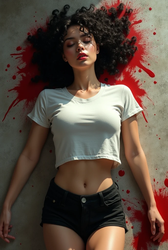 (photorealism:1.2), beautiful and hot asian woman, curly hair, beautiful body and legs, beautiful nose, thin face details, beautiful face, Closed eyes, like dead on floor, lying, sexy pants white t-shirt and Black shorts, hiper realistic, hiper detailed, she is falled out with 1 gun shot in head, blood near The body