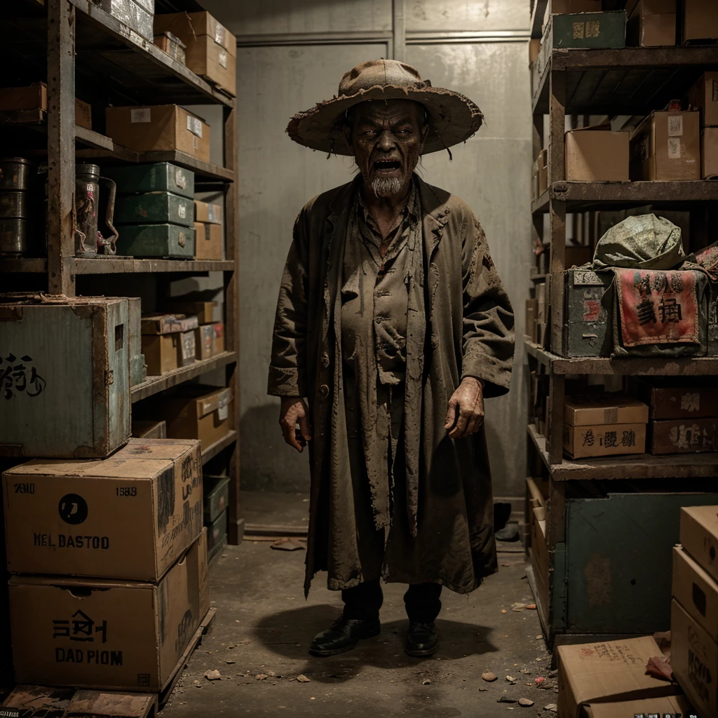 1950's Asia's movie prop room is filled clothes and boxes, including a old terrifying Qing Dynasty zombie (faded and dusty) he open big mouth and have a angry face , zombie like a great grandfather wears 僵尸_hat, dark environment depicts warehouse, Real photos depicted with maximum realism and attention to detail

INFO
