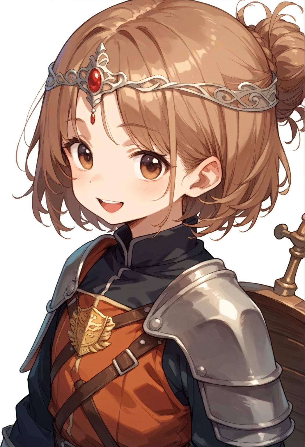 Leather armor、A small circular shield in the left hand、rapier in right hand、pale brown hair、Brown Eyes、Monastic uniform、White background、Character portrait、whole body,Deformation、Circlet、A big smile with his mouth wide open