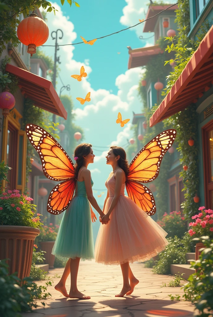 A world where people are lighter and express themselves more, people with butterfly wings on the street greeting others