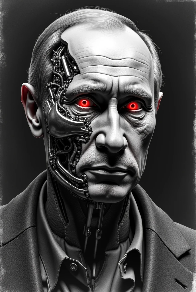 a pencil sketch portrait of vladimir putin as the terminator, half human half machine, hyper realistic, extremely detailed, moody lighting, dark and gritty, cinematic composition, high contrast, dramatic shadows, mechanical parts, metal textures, glowing red eyes, intense expression