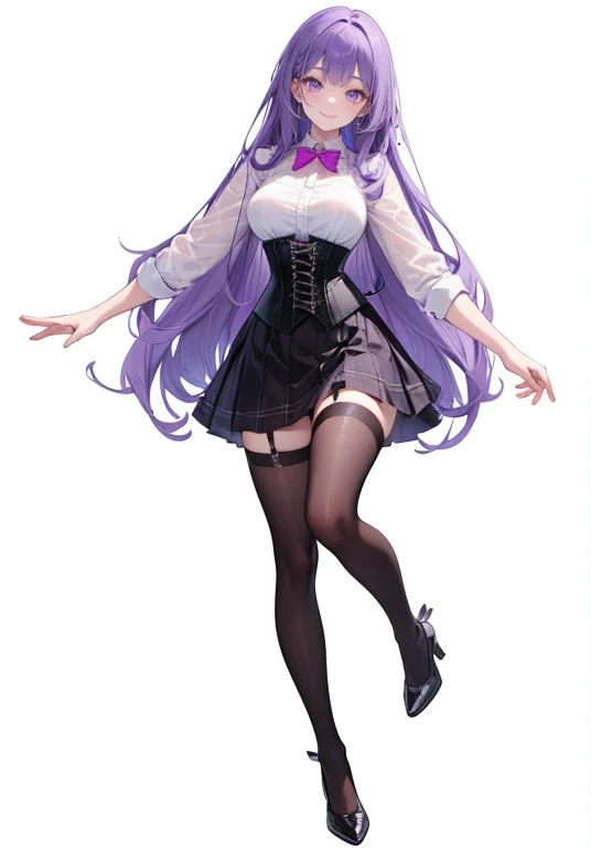 Purple hair,long hair,Adult female,bartender,White shirt,((Rolling up your sleeves shirt)),(corset),(skirt),((Simple White background)),Smile,((Full body))