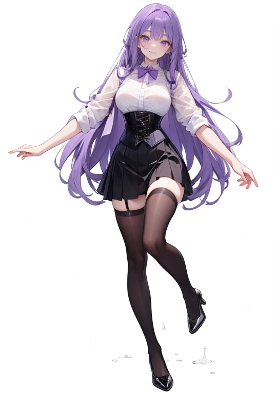 Purple hair,long hair,Adult female,bartender,White shirt,((Rolling up your sleeves shirt)),(corset),(skirt),((Simple White background)),Smile,((Full body))