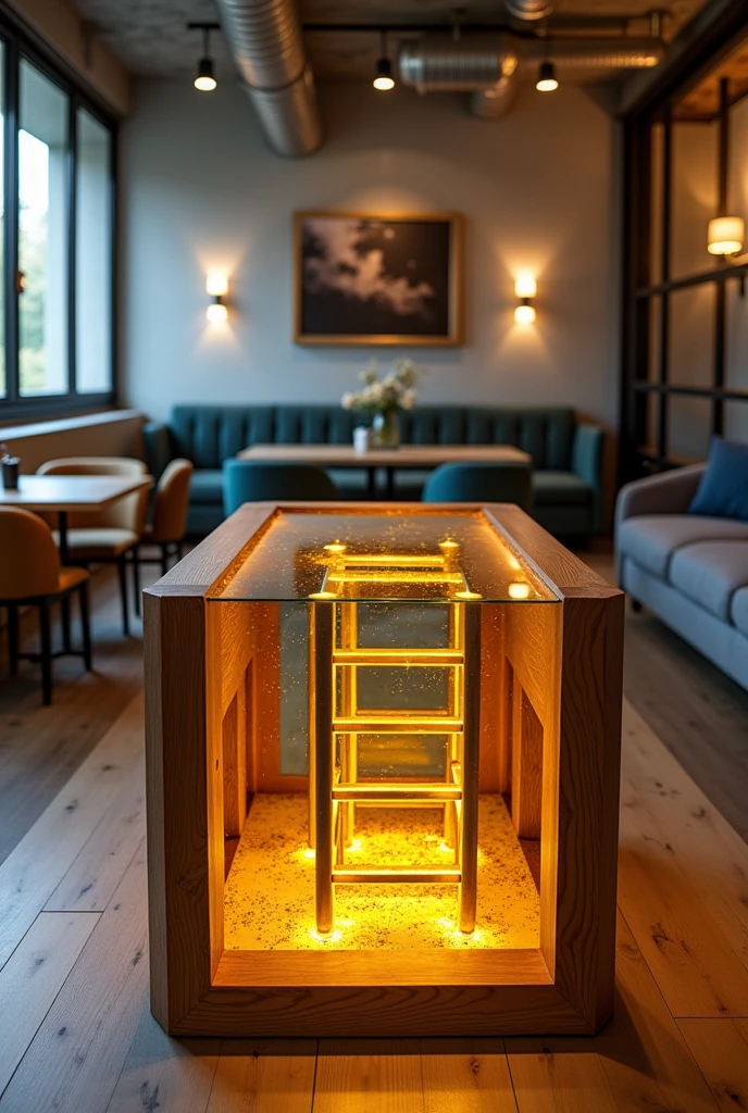 Custom designed wooden table for guest lounge, covered with industrial walls with a prominent texture in a modern design. The table features a glass top and a glass bottom.. Inside the table, there is a modern decor that includes a modern designed ladder, creating an amazing optical illusion that resembles a deep well.. The LED interior lighting is warm yellow, enhancing the sense of depth and interior detail.. The design creates wonderful reflections that add an artistic and contemporary touch, making it a distinctive and unique piece in the guest lounge.