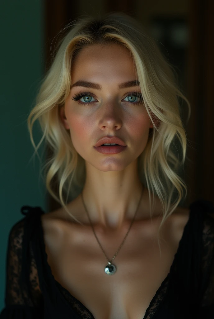 (((ultra realistic))) Photo, masterpiece, top quality, (pale skin), (Ultra detailed face and eyes:1.3), 1 girl, ((Adult)) , naked, (Eye makeup, mascara), ((sensual and thin lips)), ((blonde elegant fixed hair)), ((elegant Stylish hairstyle)) , ((deep blue eyes)), (Natural breasts). ((Posing)), photoshoot, (Soft) Lighting, (The play of light and shadows in a dark room), depth of field, bokeh, (special attention to skin detail: 1.2), Detailed leather texture, skin pores. (Warm atmosphere of the frame. color scheme - black, Red, green tones), UDR, ((Film grain)), (moon rays), ((open full body view, extemely detailed)) , ultra detailed, naive sexy woman, translucent blouse, slim long leg