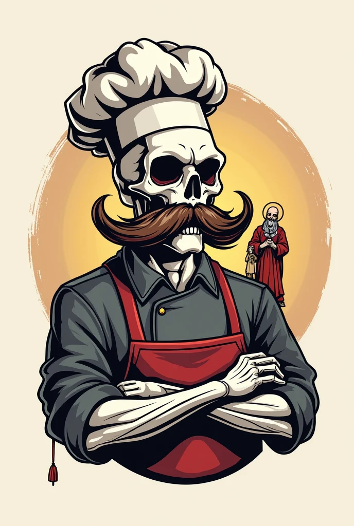 a logo with a skull chef with a big mustache and a small saint on his shoulder