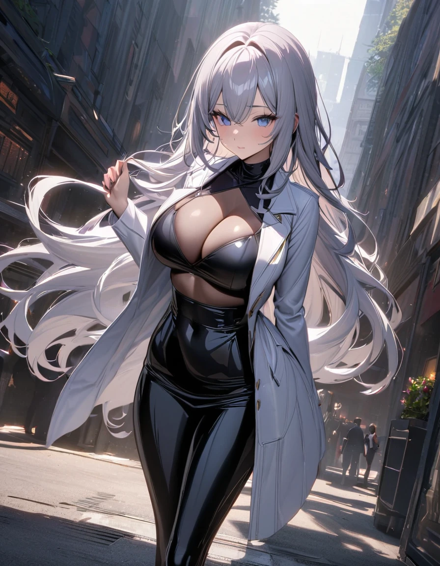 Big Breasts,1 mature woman, (Curvaceous and slim, Attractive and tall)), ((Has long silver hair)), ((Purple and blue eyes)), ((Wearing a black latex shirt, White jacket, White Short Pleated Skirt, Black Stockings)), 8k, Ray Tracing,