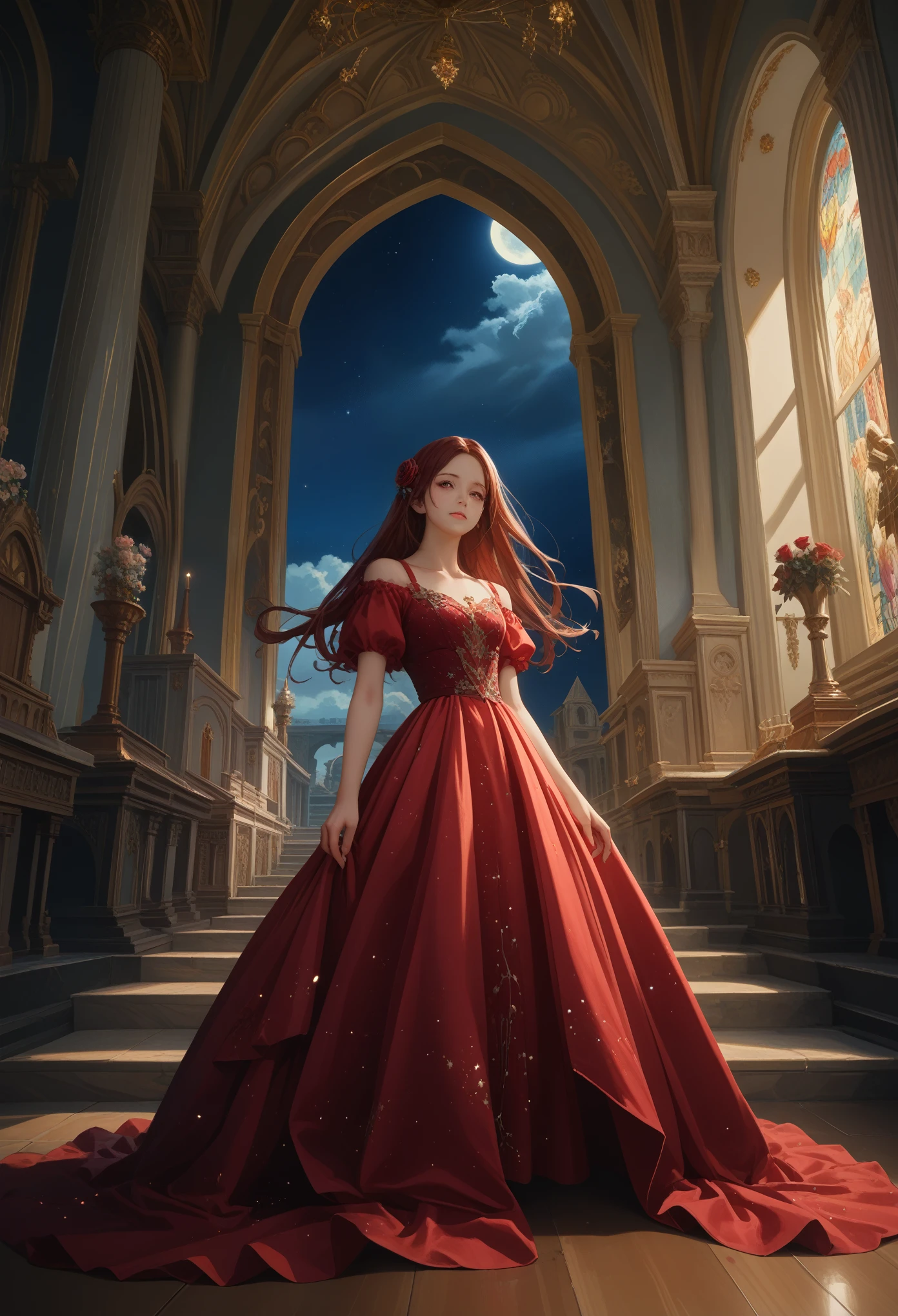 cinematic film still,score_9,score_8_up,score_7_up,masterpiece,best quality,8k,source_cartoon,source_アニメ, Young woman, Clear face, sexy, Attractive, Red Rose Night Dress, wind, Develops Long Hair Red with Purple, full height, moonlight falls on the girl, Column, Arch with Golden Patterns, night sky, stars, Large Scale Painting, Feel the Beauty, Everything Sparkles and Glitters, Very Beautiful Colors, Juicy Elaboration, masterpiece, bright colors, Clear Elaboration of Details, The picture is mesmerizing, ultra detail, 4K wallpaper, super resolution, pfstyle, Fantasy, maximum details,