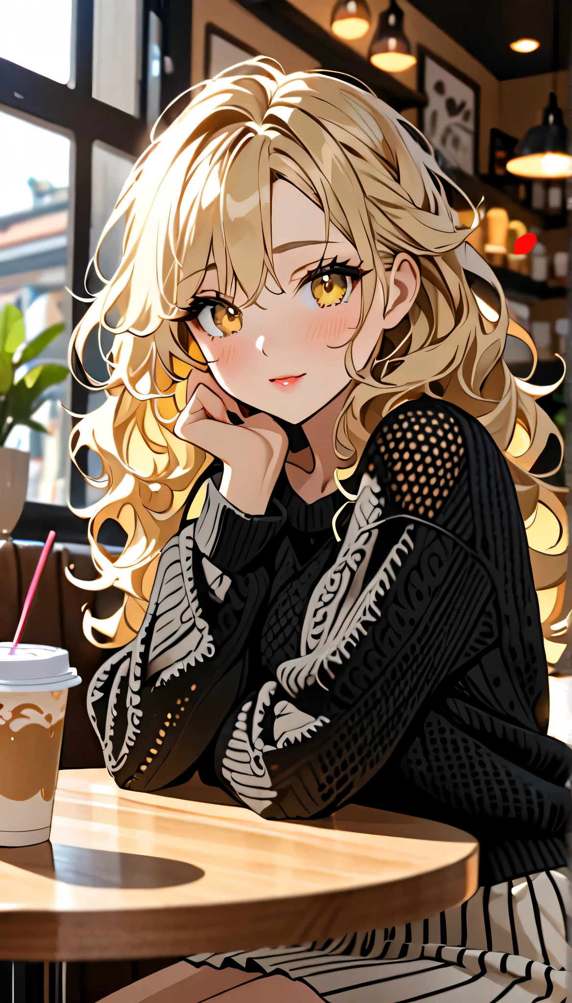 Beautiful and blond messy styled hair, best quality, super fine, 16k, incredibly absurdres, extremely detailed, 2.5D, delicate and dynamic depiction, beautiful woman, amorous and lewd expression, blonde messy wavy hair, light blonde hair, yellow eyes, make-up, wearing loose fitting black summer knit sweater and long skirt, sitting in cafe, sparkly fluffy effect, portraits, prime lenses, lens filters, clear subject