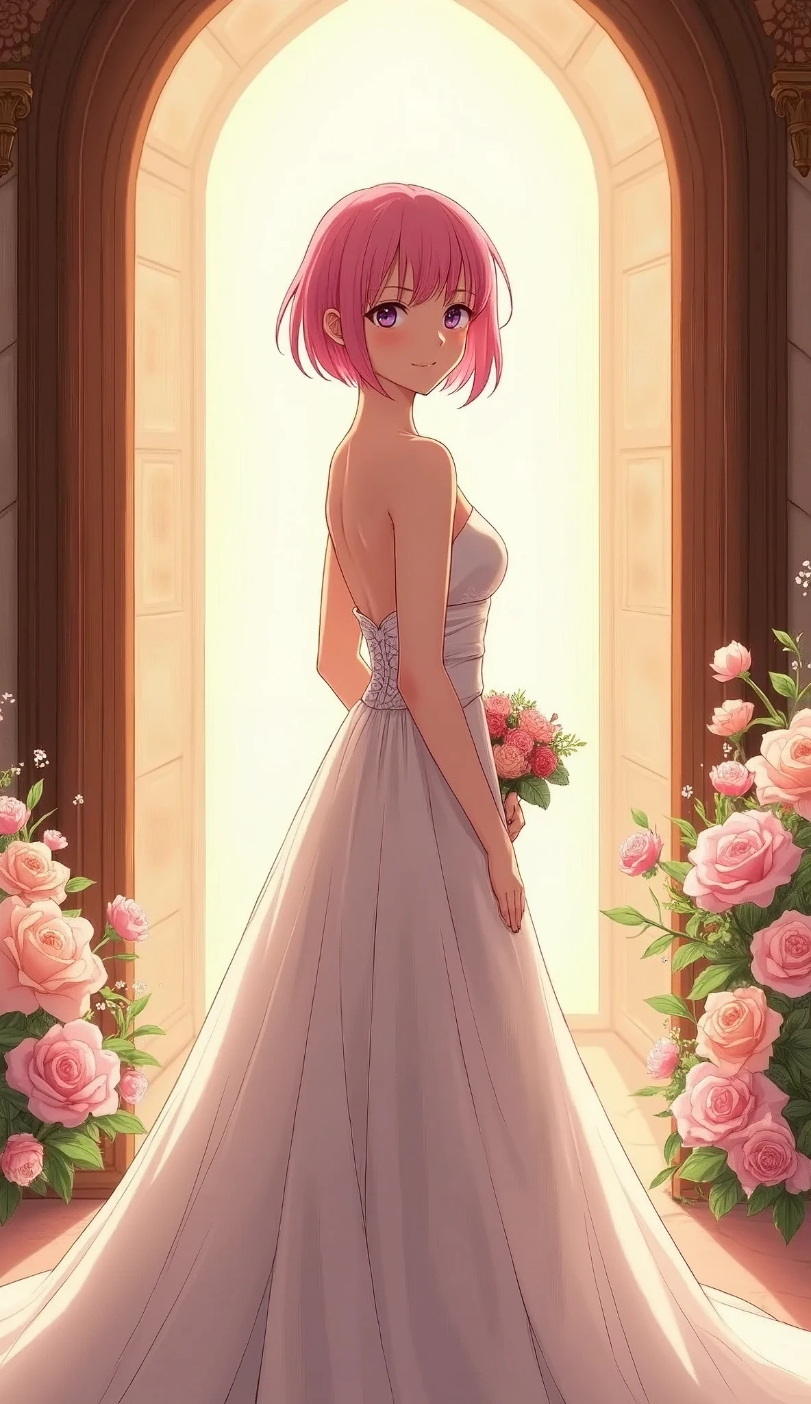 Sakura haruno, ((solo)), alone, bride, wearing a white wedding dress, queen, happy, ((forehead to show)), standing, entering the church, pink hair, short hair, delicate, young, short hair, detailed face, high definition, ((full body)), (flowers around her), full body, she is a beautiful woman getting married, face with high quality, beautiful, radiant