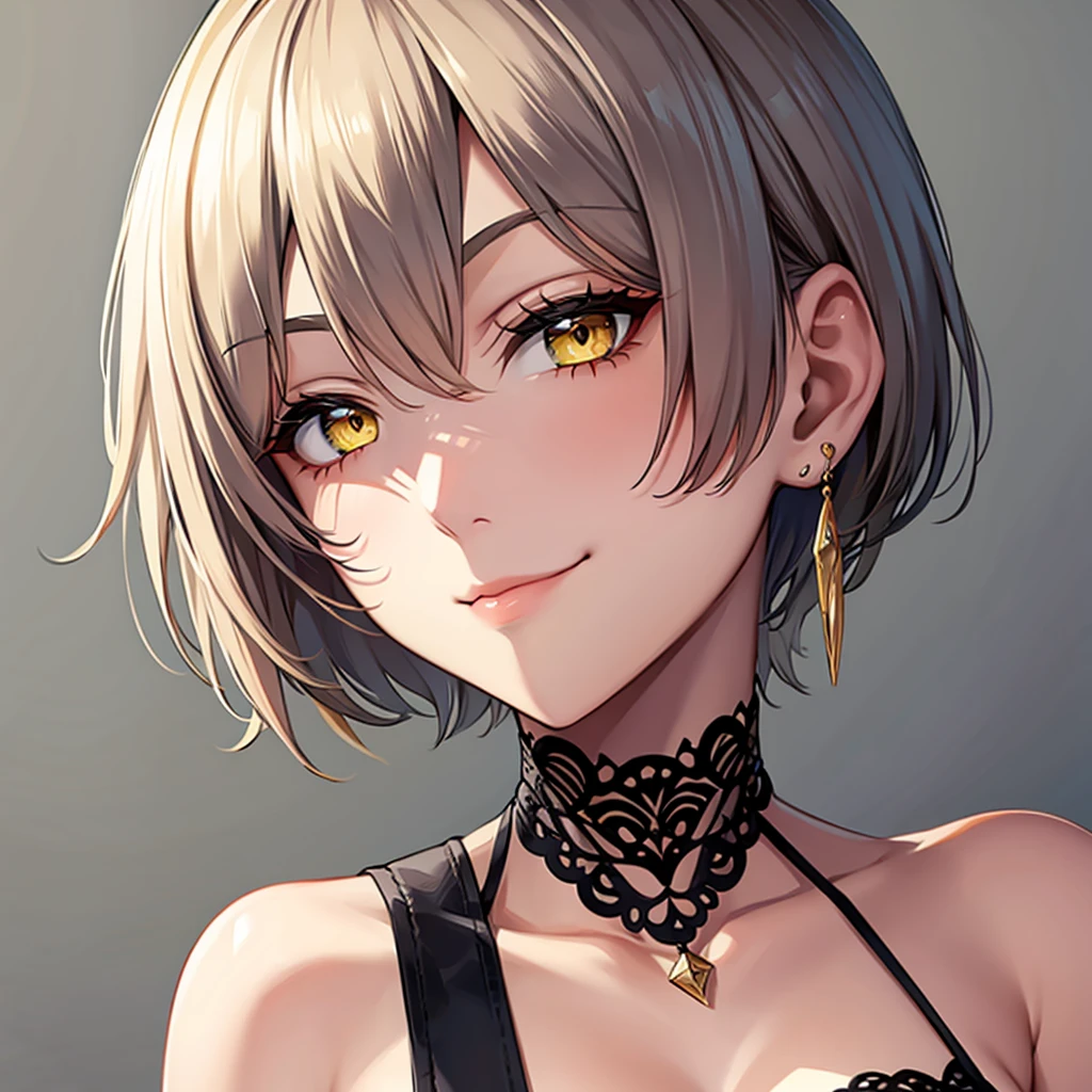 short hair, earrings, yellow eyes, Smirk, 1 girl,