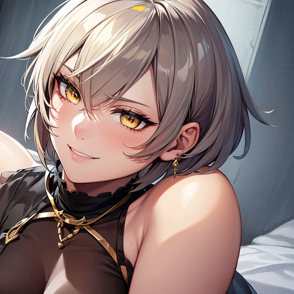 short hair, earrings, yellow eyes, Smirk, 1 girl, 