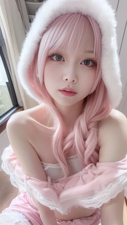 Best image quality、RAW photos、Ultra-high resolution、8K, best quality, masterpiece, Photo-real, Hide your face with happiness, Medium breasts, Pink Lolita costume, Pink lace, Alice Gainsborough, sit, underwear, Expose bare shoulders, External, External, snow, cloak, high quality, Adobe Lightroom, High Detail Skin, Viewer,